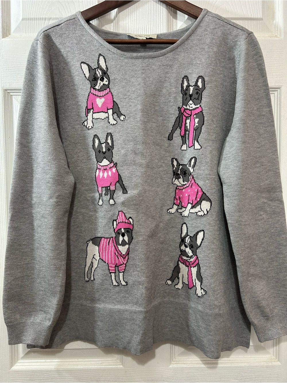 Astrologie French Bulldog Sweater L Gray Pink Frenchie Intarsia Knit Split Hem